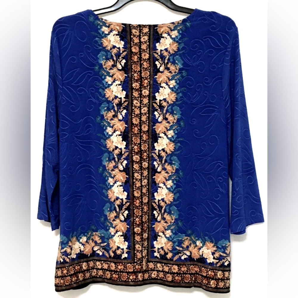 JM Collection Jacqaurd Petite PXL Lazulite Blue Combo 3/4 Sleeve Scoop Neck Top - Picture 2 of 7